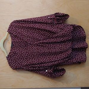 West Kie Burgundy Polka Dot Allan Surplice Roll Tab High Low Blouse -  Medium